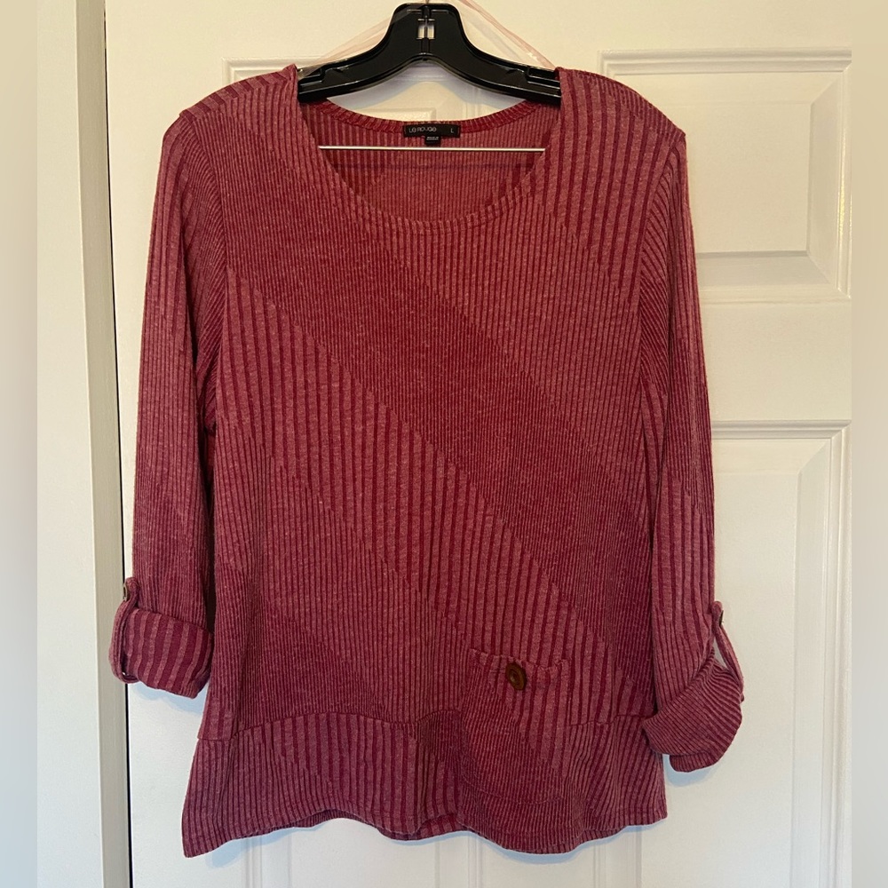 Le Rouge Knit Rust Red Scoop Neck Sweater Cuffed Sleeve